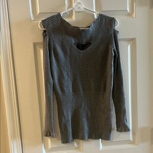 Cyrus Gray Ribbed Cold-Shoulder V-Neck Sweater